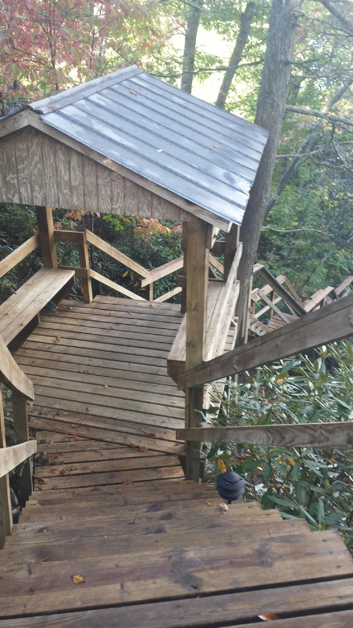Metal roofed shelter over wooden steps on a wooded walkway — Skylight Repair & Installation work by our crew in Winner